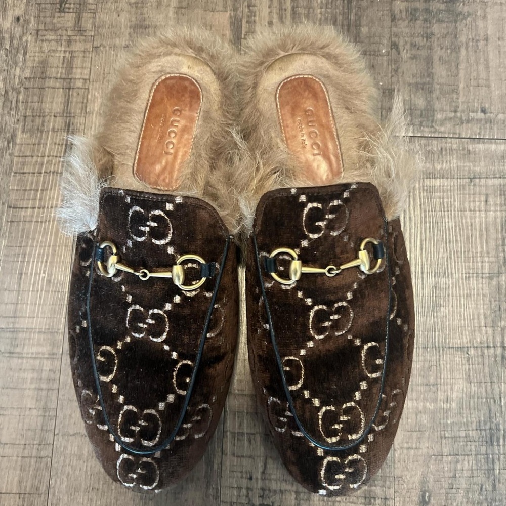Gucci Brown Fur-Trimmed Mules